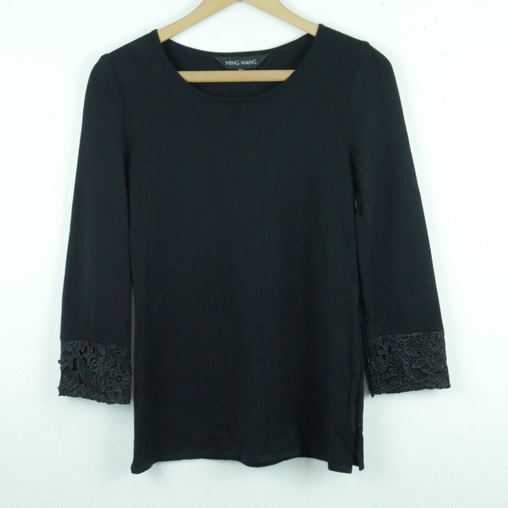 Ming Wang S Blouse Black Round Neck Lace‎ Trim Rayon Knit Career Elegant Top